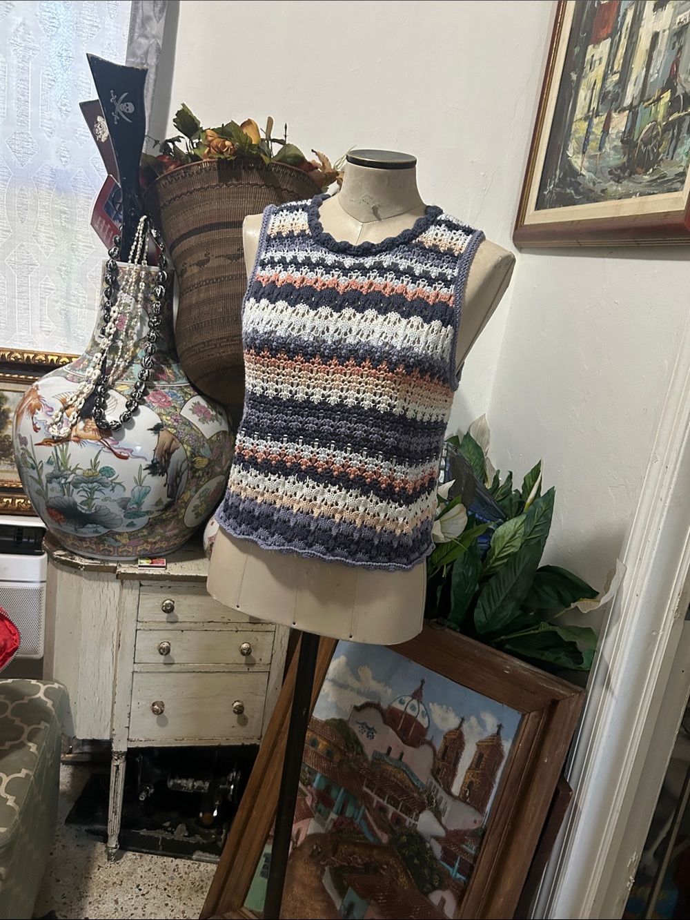 Universal Thread Crocheted Striped Tank in Navy, Cream & Rust